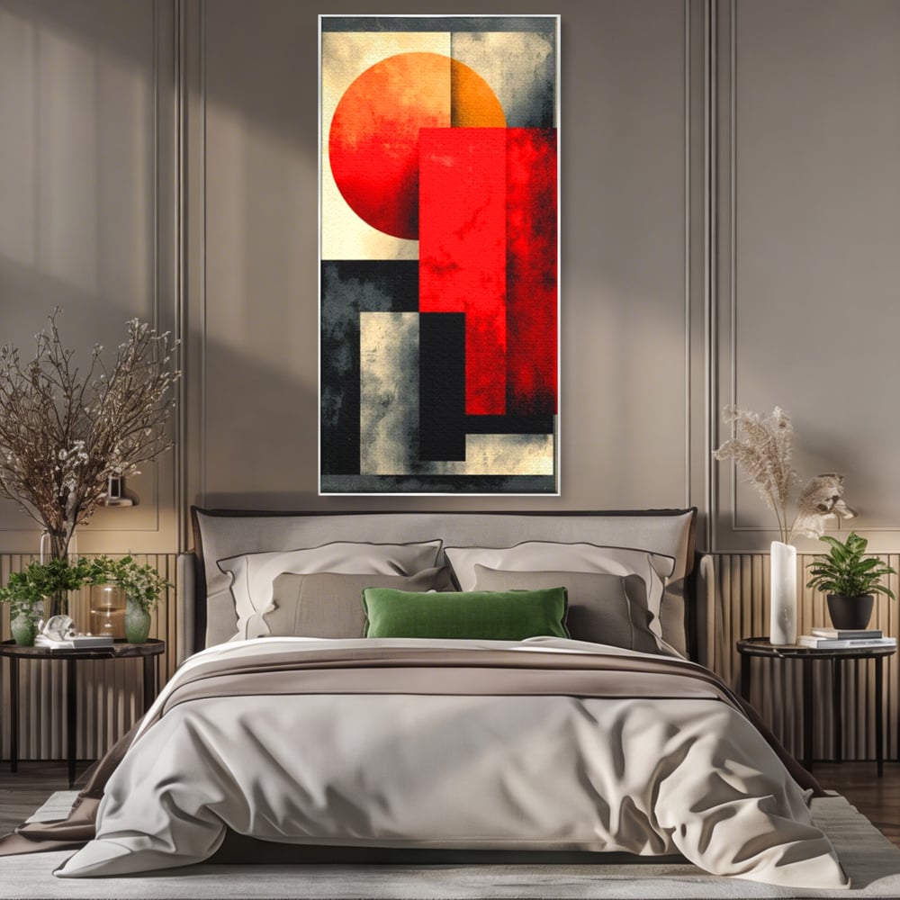 Tablou canvas cu tablou abstract geometric cu soare rosu, in rama de aluminiu argintiu, pe perete intr-un dormitor
